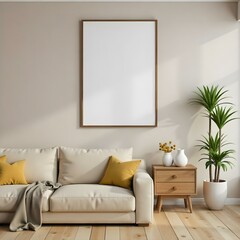 Empty frame on the wall above a beige sofa with yellow pillows, a wooden table with a plant, and a white vase in a living room