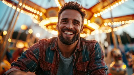 A cheerful man poses amidst colorful carnival lights, reflecting joy and excitement in a lively atmosphere filled with playful rides and festive energy.