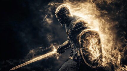 A soldier in battle, with blurred movements creating a sense of action. Wearing helmets and armor and their swords held high while carrying shields
