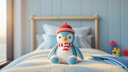 Cute knitted penguin toy in a beautiful children's bedroom