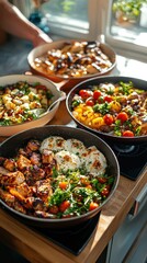 Fototapeta premium Delicious gutfriendly recipes showcase cozy kitchen food photography warm lighting angled view colorful dishes for healthier eating