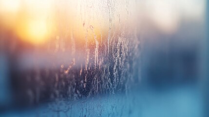 Obraz premium Frost etches intricate patterns on a cold windowpane as soft blue light filters through, highlighting the beauty of winter at dawn against a snowy backdrop