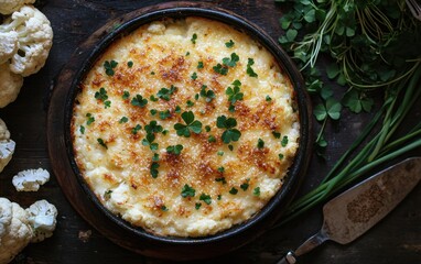 Floating cheesy cauliflower gratin with golden crust and crispy edges St Patrick Day