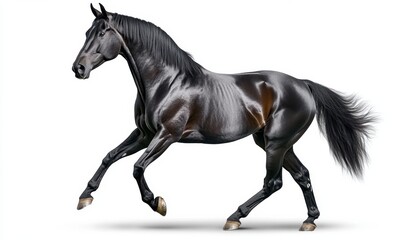 Fototapeta premium Black stallion in motion against a white background. The horse's coat is dark and glossy, its mane and tail are long and flowing. The image is
