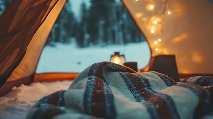 A lightweight blanket in a tent under the lights snowy surroundings