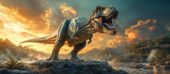 Tyrannosaurus Rex roaring at sunset.