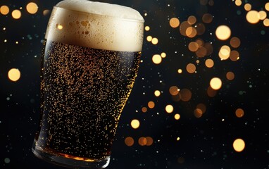 Floating foamy Irish stout beer with glowing golden bubbles St Patrick Day