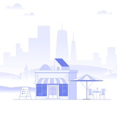 Obraz premium Business real estate investment. Commercial property in the park. Modern city building exterior. Background shows cityscape with buildings and trees. Cartoon minimal style. Vector illustration.