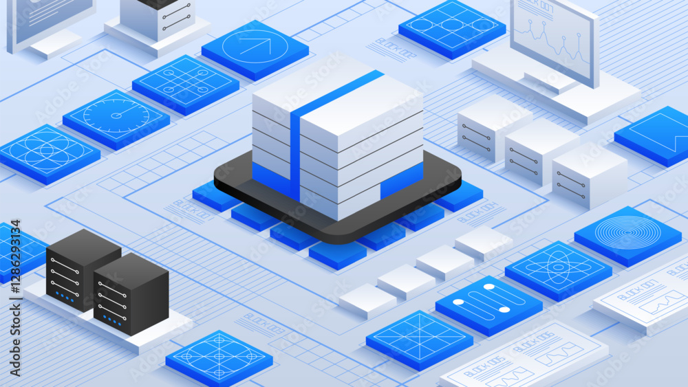 Poster advanced data center featuring interconnected servers, data blocks, and digital interfaces. showcasi