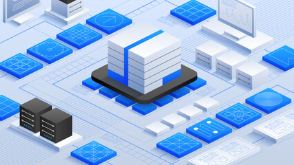 Advanced data center featuring interconnected servers, data blocks, and digital interfaces. Showcasing cutting-edge data storage solutions, robust analytics, and efficient network infrastructure.
