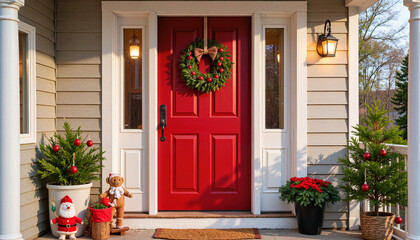 Festively decorated porch with red door and holiday decorations