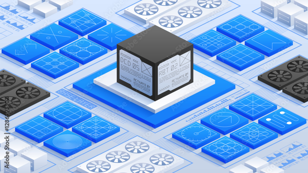 Poster high-tech futuristic data center with advanced servers, cooling systems, and layered architecture. e