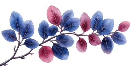 Obraz premium Vibrant blue and pink leaves branch, isolated on white