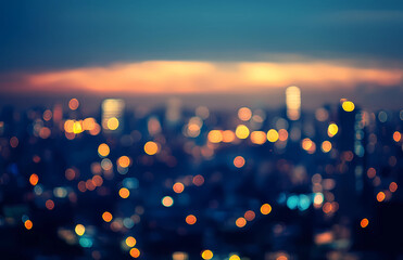 A city skyline at dusk with a hazy, blurry effect