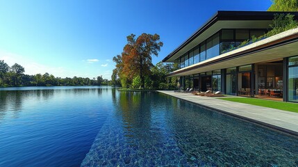 Fototapeta premium Modern House by Lake, Luxurious Pool