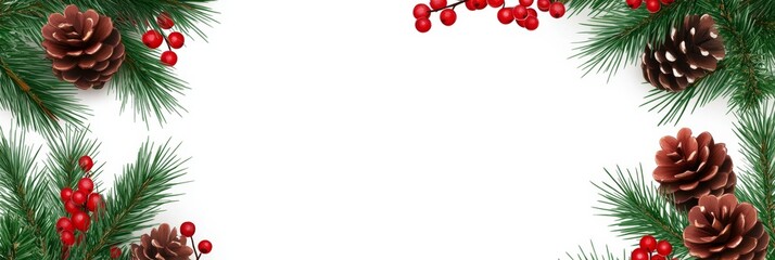 Festive Holiday Border Design - Elegant Christmas border featuring pine branches, pine cones, and red berries on a white background. Perfect for cards, invitations, and websites