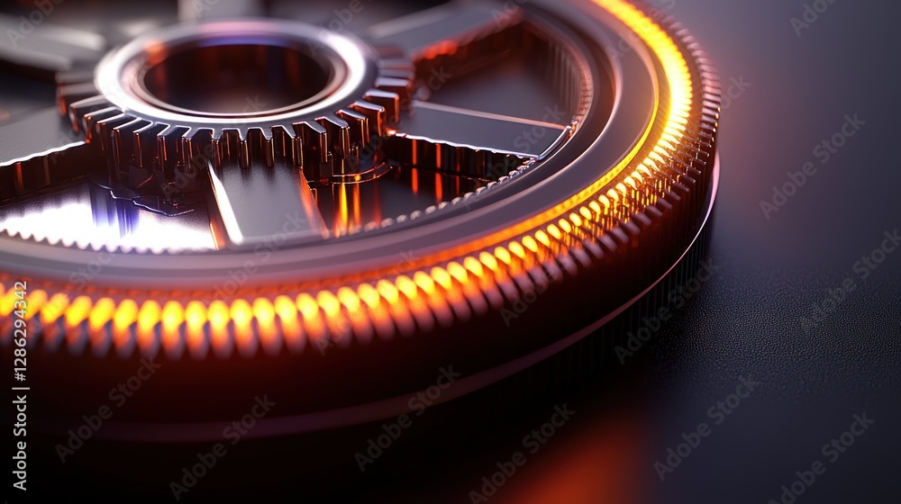 Canvas Prints close-up view of a metallic gear with glowing edges, showcasing intricate details and reflections
