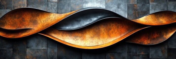 Abstract metal wall art with swirling, rusty orange and dark gray forms on a textured background.
