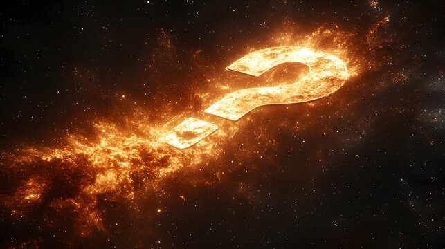 Brennendes Fragezeichen im Weltraum – Symbol für kosmische Rätsel und Unbekanntes  
