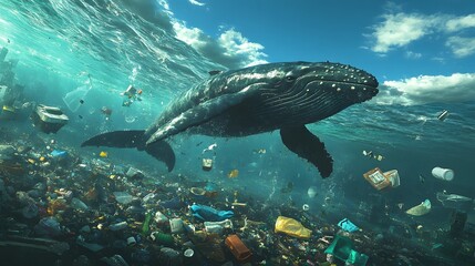 Fototapeta premium Majestic Whale Swimming Through Ocean Filled With Marine Debris