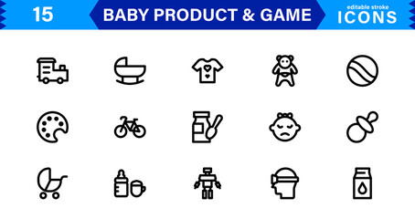 Baby Product and Game Icon Set. Adorable Vector Icons for Toys, Infant Care, and Fun-Filled Baby Activities