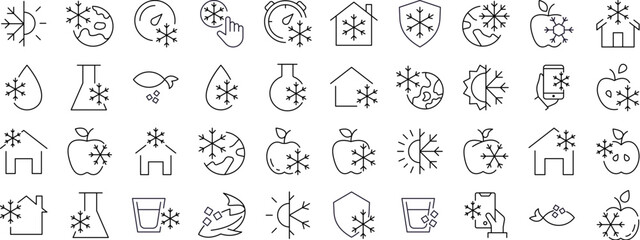 Set of Items by Snowflakes Related Line Icons. Outline Signs for Graphic and Web Design, Apps, Adverts, Various Cards
