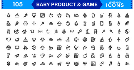 Baby Product and Game Icon Set. Adorable Vector Icons for Toys, Infant Care, and Fun-Filled Baby Activities