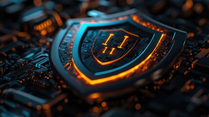 Futuristic shield emblem glowing on a circuit board background, symbolizing technology and security