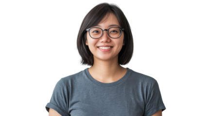 Smiling young woman with glasses showing happiness in a casual setting