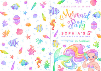 Mermaid birthday party invitation folded card vector template.