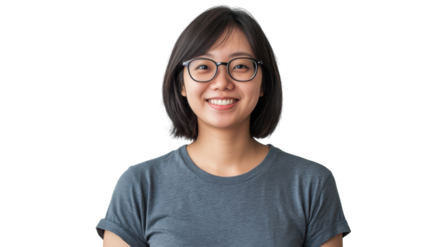 Smiling young woman with glasses showing happiness in a casual setting