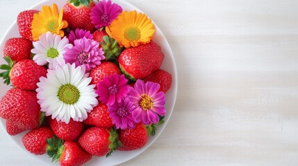 Fresh Strawberries and Colorful Flowers Arrangement - A delightful of fresh strawberries and vibrant flowers artfully arranged on a plate, symbolizing freshness, spring, beauty, abundance