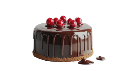 Delicious chocolate cake topped with cherries and a glossy ganache