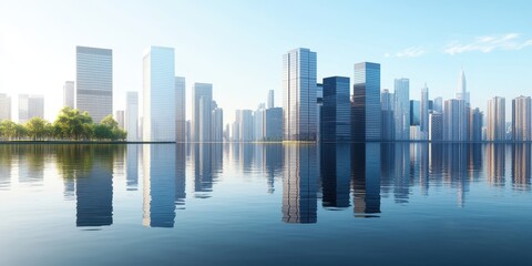 Fototapeta premium A modern city skyline features towering skyscrapers mirrored in a serene lake, showcasing architectural beauty and urban tranquility.