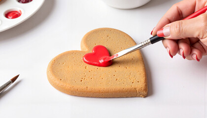 Hand painting red heart on cookie