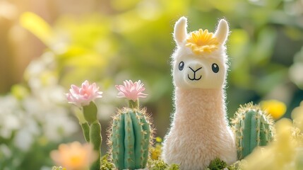 A llama plushie as a cactus with soft spikes and blooming plush flowers on garden background