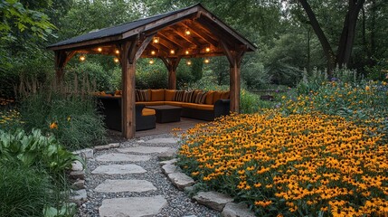Fototapeta premium Relaxing Outdoor Gazebo with Glowing String Lights and Flower Garden