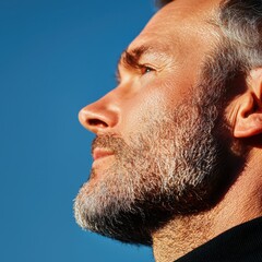 Fototapeta premium Evening light portrait of male subject with sagging jawline capturing contours and signs of aging side angle view realistic photography