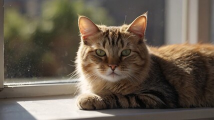 Cute Cat, Adorable tabby kitten looking out the window, Close-up picture of cute brown cat sitting on table with window background