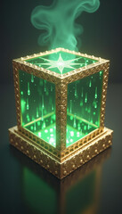 Obraz premium 3D illustration of an astrological transparent cube glowing from the inside with yellow-green lights and emitting luminous energy.