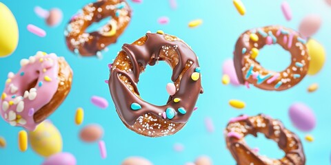 Flying chocolate-covered pretzels with pastel drizzle on bright Easter backdrop