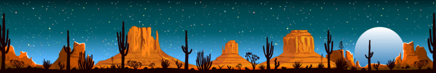 Arizona desert, banner. Night landscape of the Arizona desert. Landscape rocky desert. Mountains and cactus. Monument Valley in Arizona and Utah