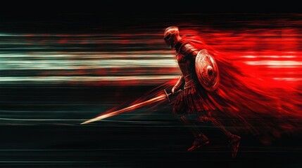 A soldier in battle, with blurred movements creating a sense of action. Wearing helmets and armor and their swords held high while carrying shields
