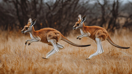 Naklejka premium Kangaroos hopping and playing in open field, showcasing their agility and playful nature in natural habitat