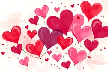 Vector holiday background with realistic 3D flying bunch of air balloon hearts and confetti particles. Trendy Valentine's Day or Wedding invitation, poster or festive decoration
