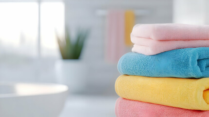 Colorful towels stacked neatly in a modern bathroom, creating a fresh and inviting atmosphere for relaxation.