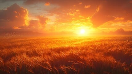 Fototapeta premium Picturesque Golden Wheat Field Swaying Under Glowing Orange Sunset Sky