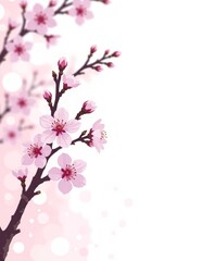 Fototapeta premium Cherry Blossom Bokeh Background, Minimalist Flat Color Illustration, Copy Space for Text, Dreamy Soft Light, White Background, Minimalist Design, Abstract Floral Patterns