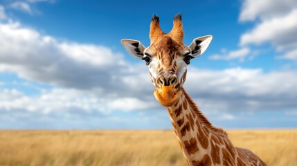 Fototapeta premium A captivating close-up of a giraffe highlights its unique facial features and patterns, surrounded by an expansive landscape that enriches this portrait of nature's beauty.