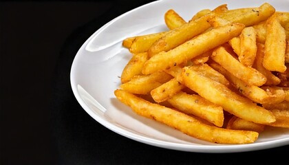 Close up photo of french fries on a white plate on a plain black background